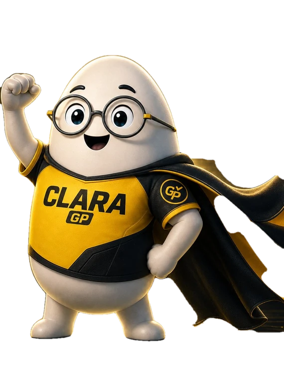 Clara, la mascota de Gestor Público: gota blanca con anteojos, polera amarilla CLARA GP y capa